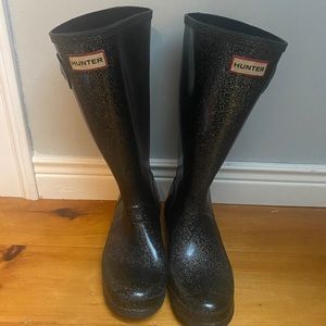 HUNTER Rain Boots Black Glitter SZ6